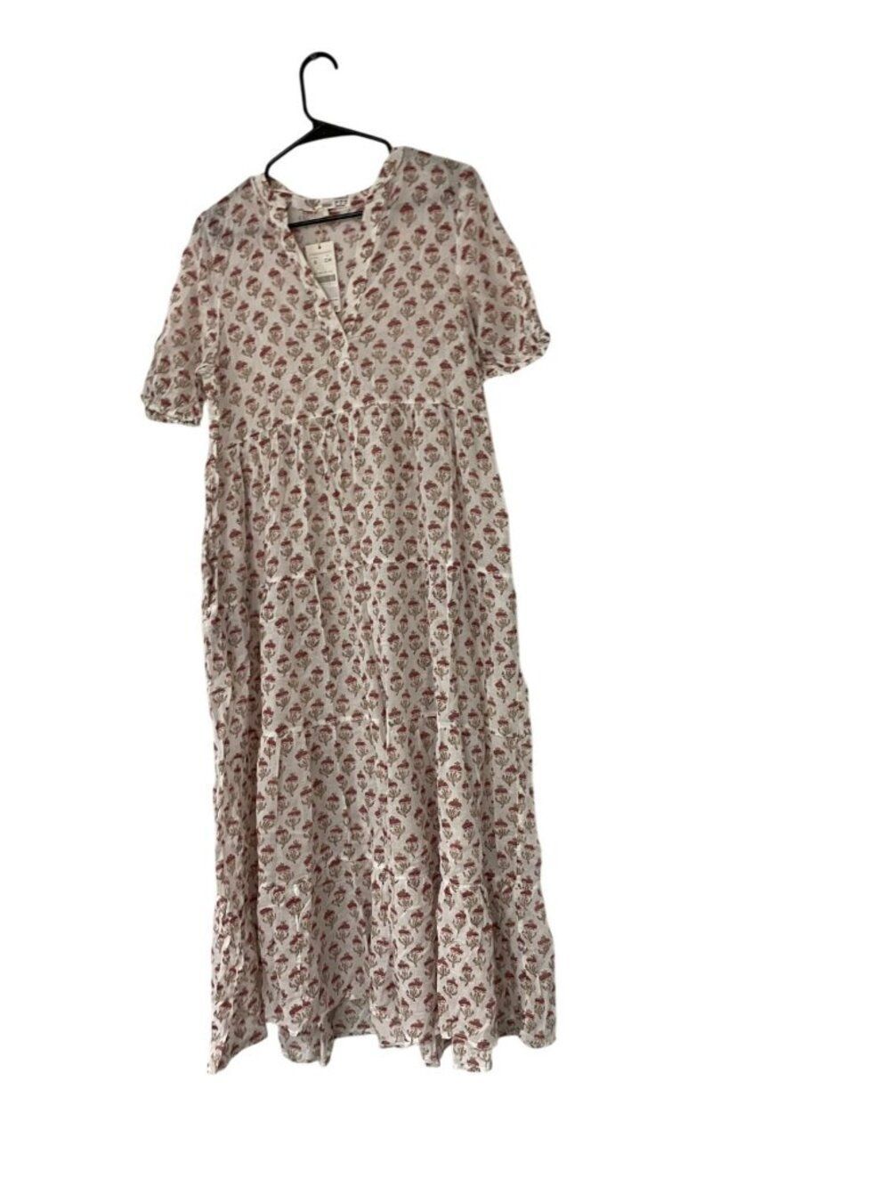 Oysho Womens Maxi Dress Small White red Floral Cotton Tiered Boho 1999/190 NWT